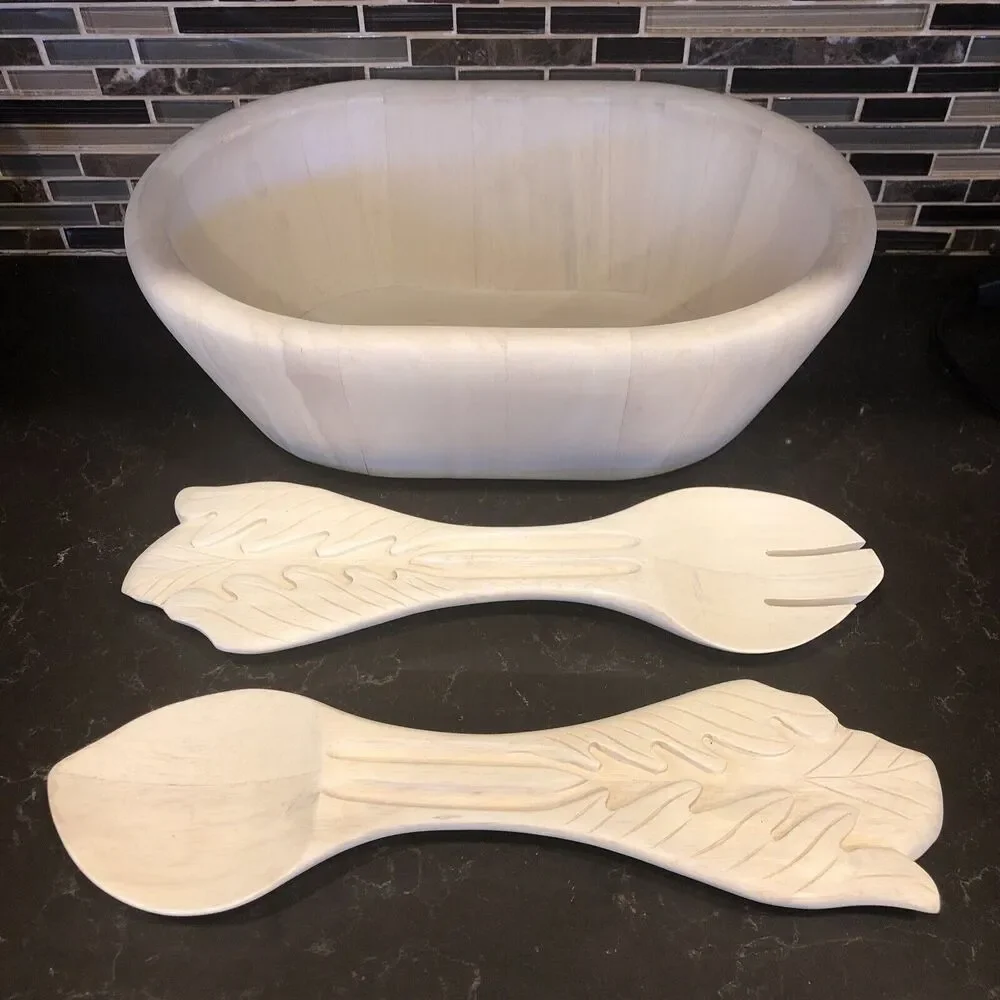 Pottery‎ Barn Medium Wooden Salad Bowl With Carved Tossers Decorative